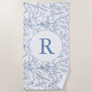 French Floral Toile Blue Monogram Beach Towel