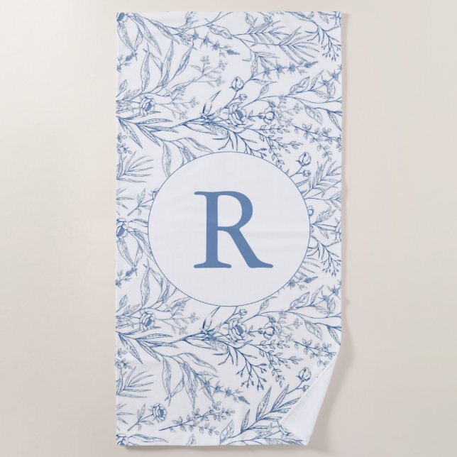 French Floral Toile Blue Monogram Beach Towel (Front)