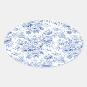 French floral toile blue oval sticker