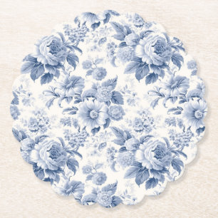 French floral toile blue paper coaster
