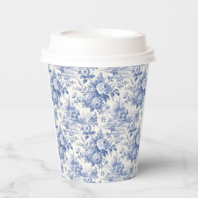 French floral toile blue paper cups (Front)