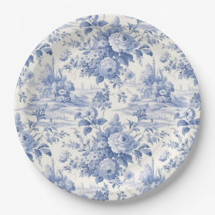 French floral toile blue paper plate