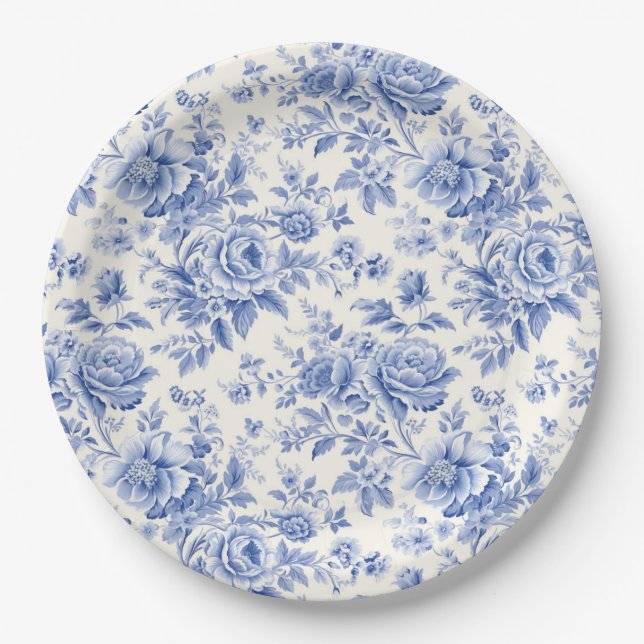 French floral toile blue paper plate (Front)