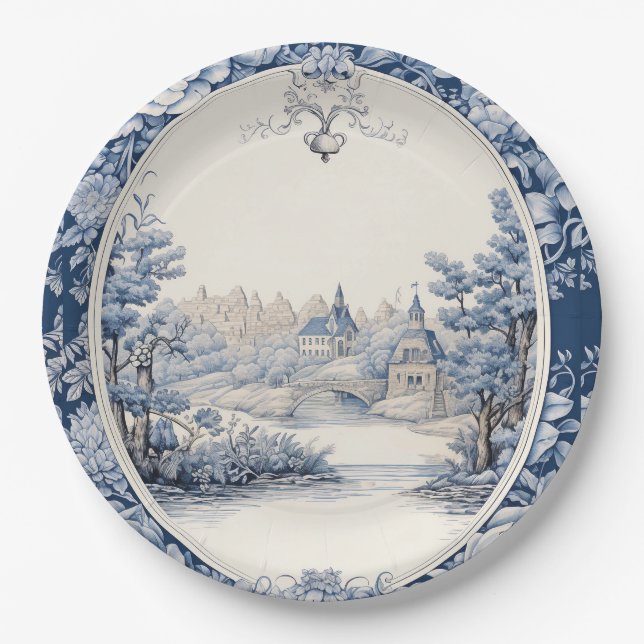 French floral toile blue paper plate (Front)