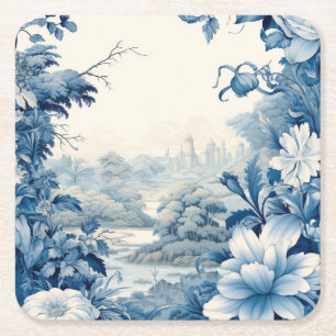 French floral toile blue square paper coaster
