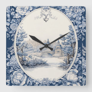 French floral toile blue square wall clock