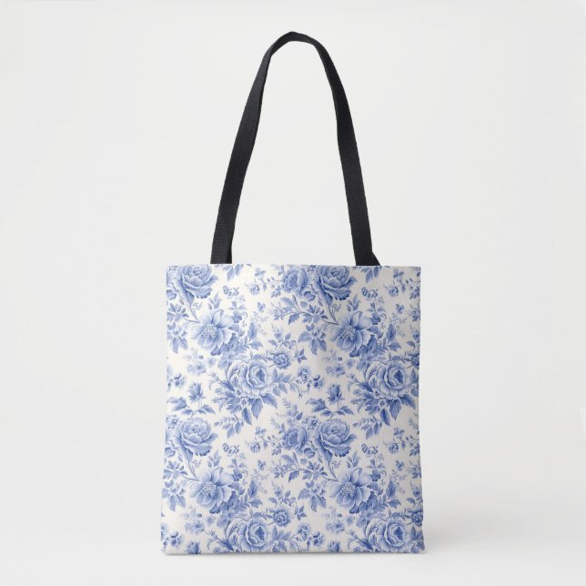 French floral toile blue Tote (Front)