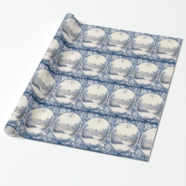French floral toile blue wrapping paper (Unrolled)