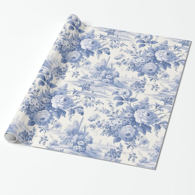 French floral toile blue wrapping paper (Unrolled)