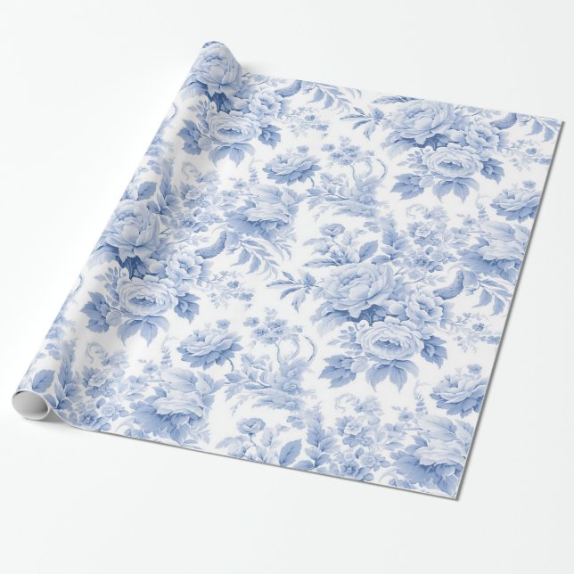 French floral toile blue wrapping paper (Unrolled)