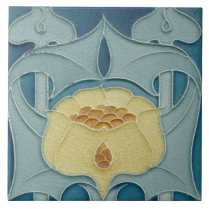 French Floral Yellow Flower Art Nouveau Aqua Blue  Tile