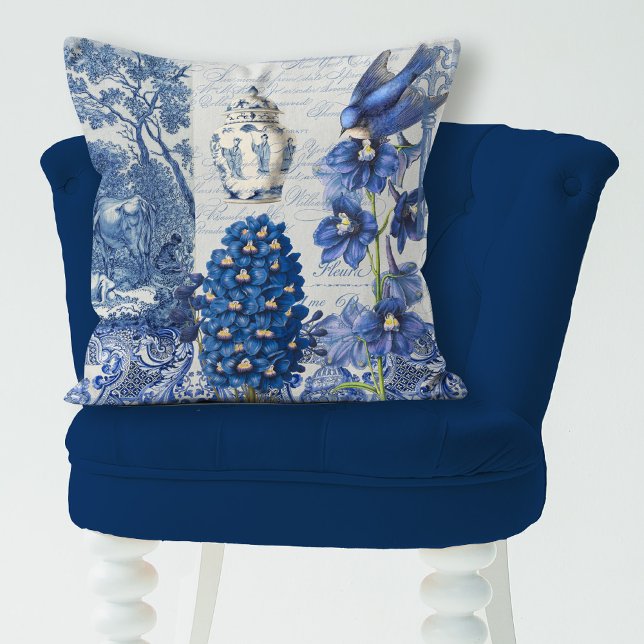 French Flowers n Bird Blue and White Toile Collage Cushion (Creator Uploaded)