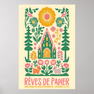 French Folk Art Print Floral Rabbit Exhibition