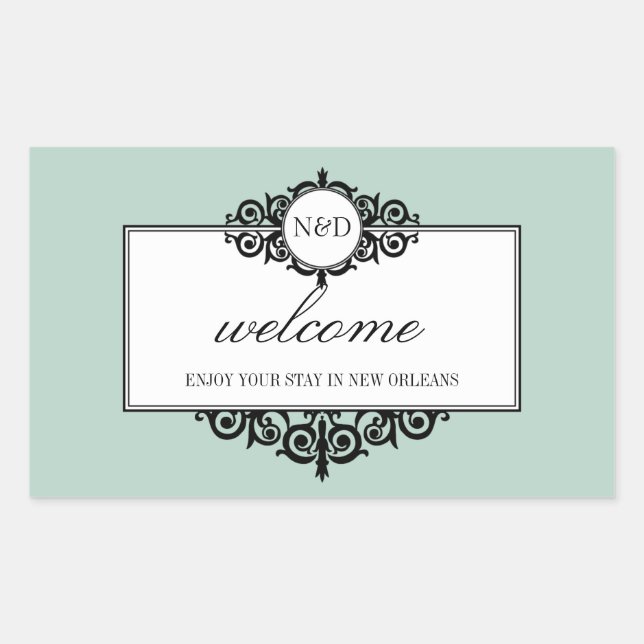 French frame blue monogram out of town gift bag rectangular sticker (Front)