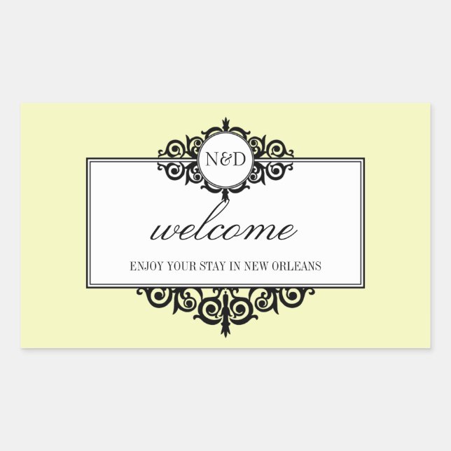 French frame ecru monogram out of town gift bag rectangular sticker (Front)