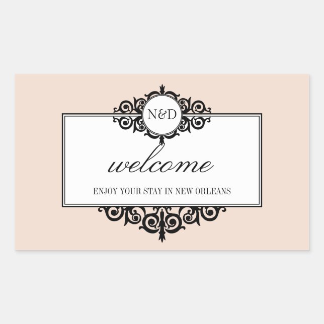 French frame pink monogram out of town gift bag rectangular sticker (Front)