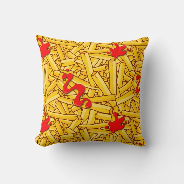 French Fries and Ketchup Cartoon Fast Food Cushion (Front)