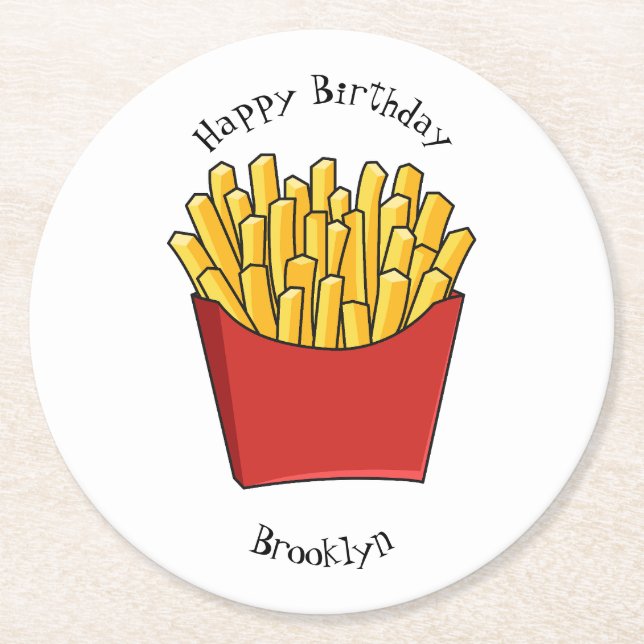 French fries cartoon illustration round paper coaster (Front)
