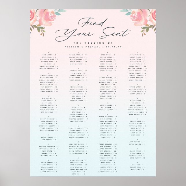 French Garden Alphabetical Wedding Seating Chart (Front)