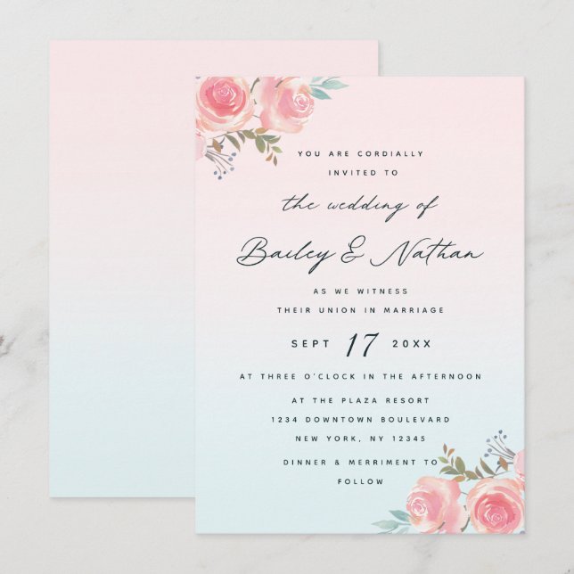 French Garden Floral Peony Calligraphy Wedding Invitation (Front/Back)