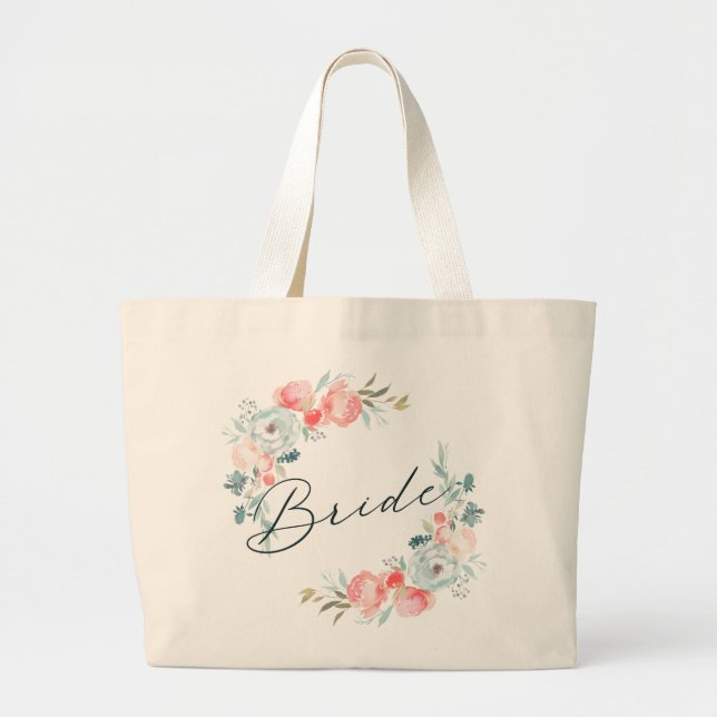 French Garden Floral Wreath & Calligraphy Bride Large Tote Bag (Front)