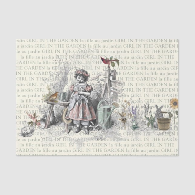 French Garden Girl Flowers Watering Can Decoupage Tissue Paper (Front)