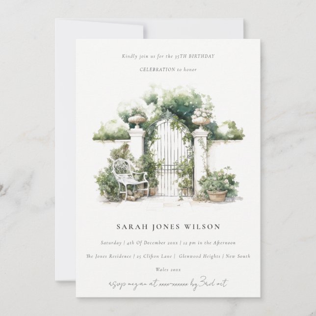French Garden Landscape Watercolor Photo Birthday Invitation (Front)