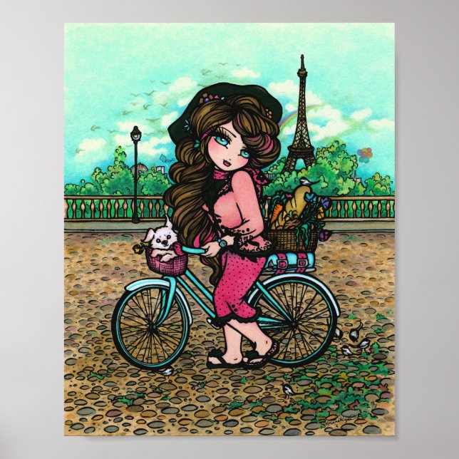 French Girl & Cute Puppy Paris Eiffel Tower Poster (Front)