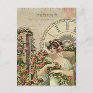 French Girl Roses Vintage Postcard