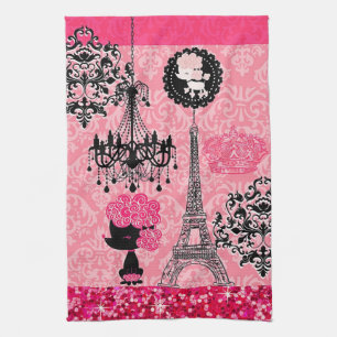 French Girly Eiffel Tower, Puppy & Damask Elegant Tea Towel