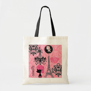 French Girly Eiffel Tower, Puppy & Damask Elegant Tote Bag