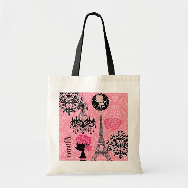 French Girly Eiffel Tower, Puppy & Damask Elegant Tote Bag (Front)