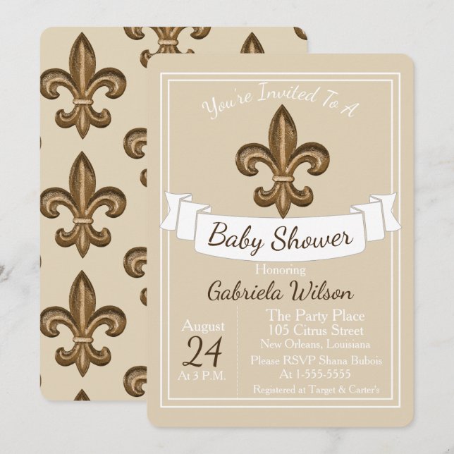 French Golden Fleur de Lis Neutral Baby Shower Invitation (Front/Back)