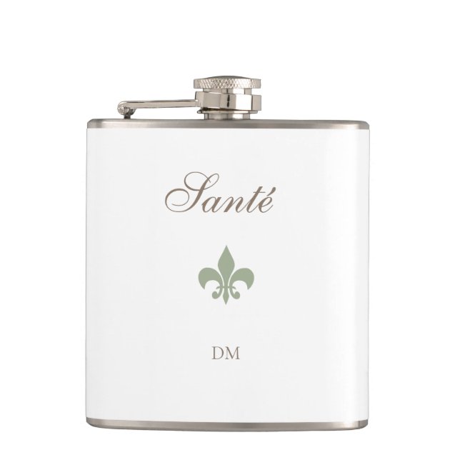 French Green Fleur de Lis Santé Monogram Wedding  Hip Flask (Front)