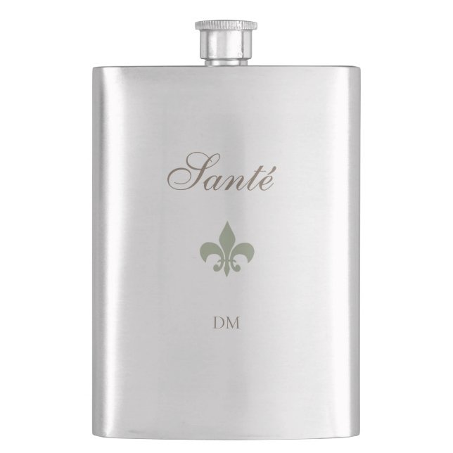 French Green Fleur de Lis Santé Wedding Favour  Hip Flask (Front)