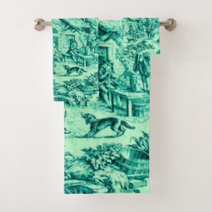 French Green Toile Chinoiserie Rustic Style  Bath Towel Set