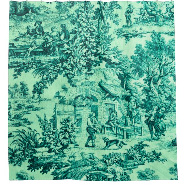 French Green Toile Chinoiserie Rustic Style  Shower Curtain (Front)