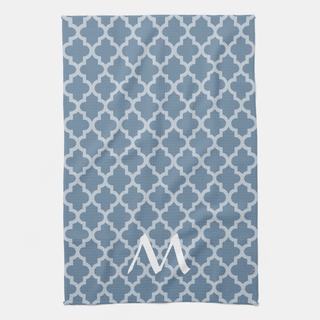 French Grey Moroccan Moods Quatrefoil with Initial Tea Towel (Vertical)