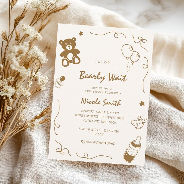 French Hand Drawn Bearly Wait Bear Baby Shower Invitation (Creator Uploaded)