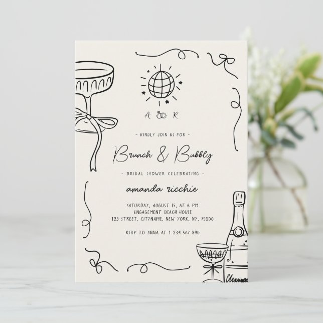 French Hand Drawn Brunch & Bubbly Bridal Shower Invitation (Standing Front)