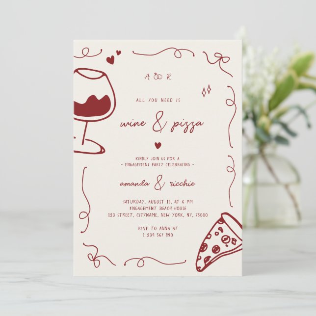 French Hand Drawn Wine & Pizza Engagement Party Invitation (Standing Front)
