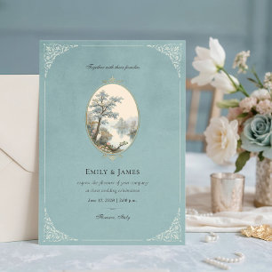 French Heron Dusty Blue Velvet Wedding Invitation