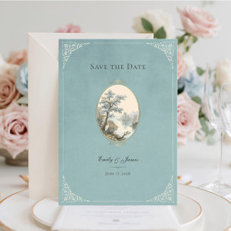 French Heron Dusty Blue Wedding Save The Date Card