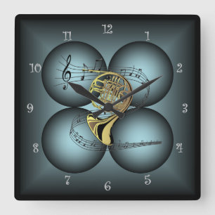 French Horn ~4 Globe ~Musical Instrument ~ Scale ~ Square Wall Clock