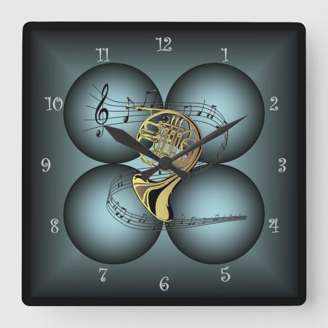 French Horn ~4 Globe ~Musical Instrument ~ Scale ~ Square Wall Clock (Front)