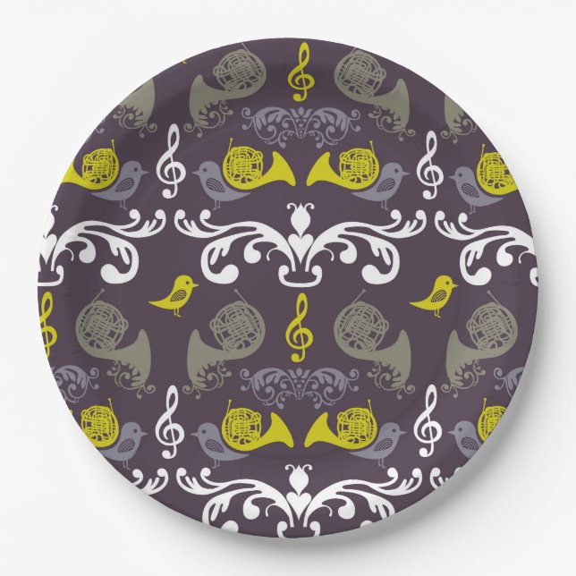 French Horn and Birds Paper Plate (Front)