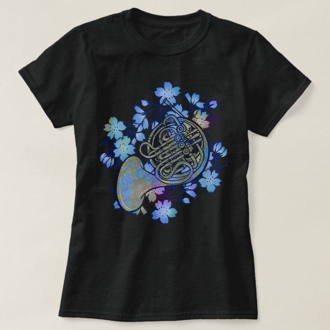French Horn Art Band Class Music Blue Flowers T-Shirt (Design Front)