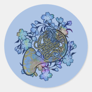 French Horn Blue Flowers Band Class Classic Round Sticker