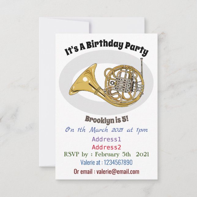 French horn cartoon illustration invitation (Front)