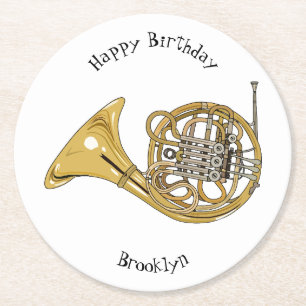 French horn cartoon illustration round paper coaster